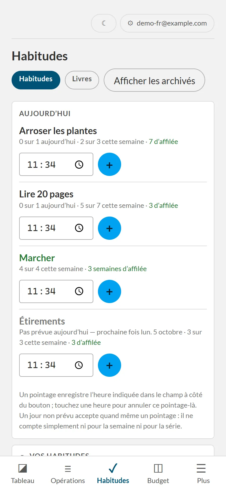 Capture d’écran de l’onglet Habitudes sur un téléphone, avec les habitudes du jour, leurs séries et le suivi.