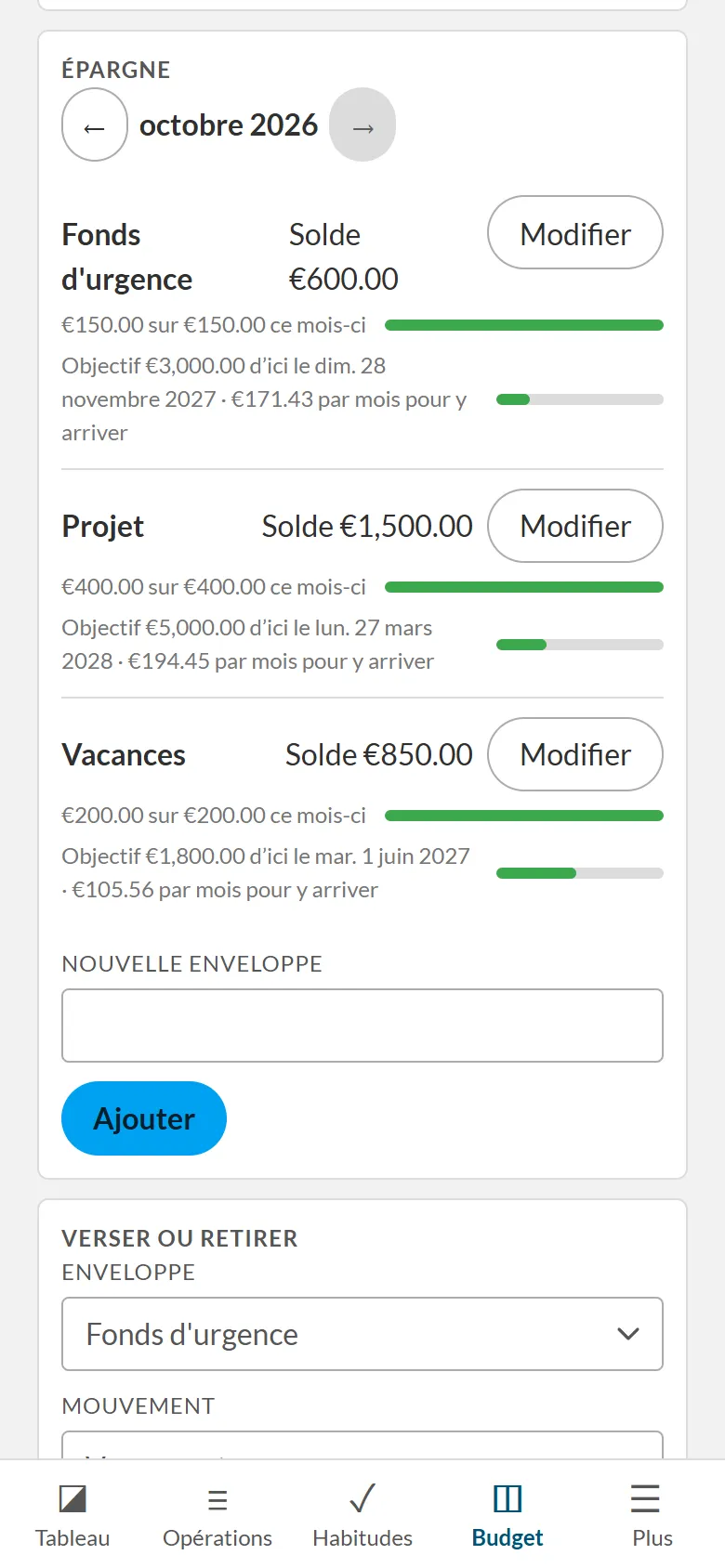 Capture d’écran de l’onglet Budget sur un téléphone, avec les pots d’épargne et un montant proposé à mettre de côté.